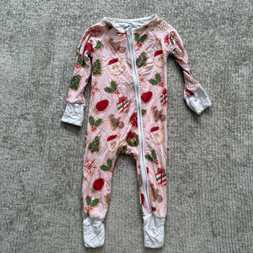 Caden Lane Bamboo Zip Sleeper Pink‎ Christmas Print 6–12M